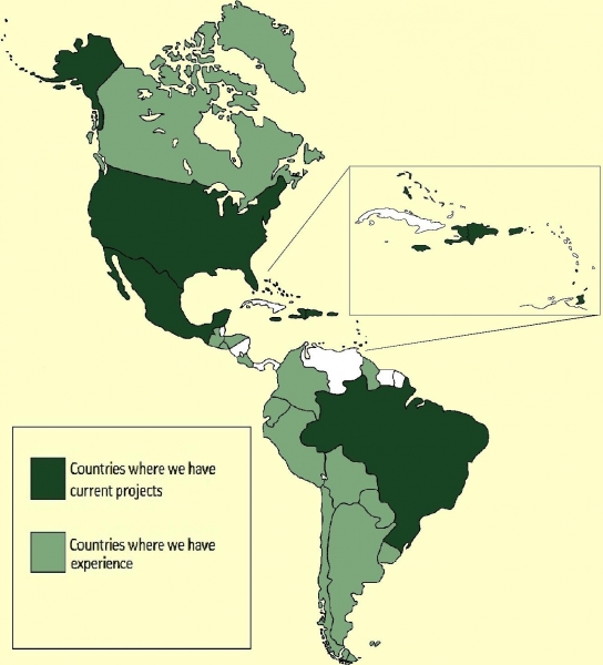 Un mapa de los paises del hemisferio oeste en que trabaja o trabajo el ELI.
