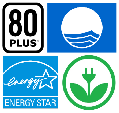 Clockwise from top left: 80 Plus, Blue Flag, EKOenergy, and Energy Star certify environmentally friendly practices for the computer, beach tourism, and energy industries. 